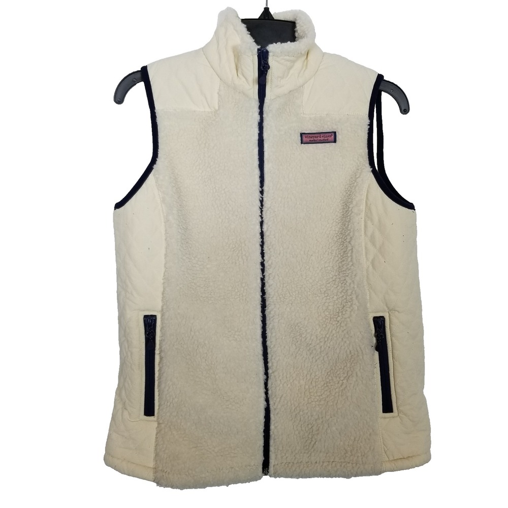 Vineyard Vines Women's Sherpa Vest Sz XS Ivory Zip Up Outdoor Jacket Logo
